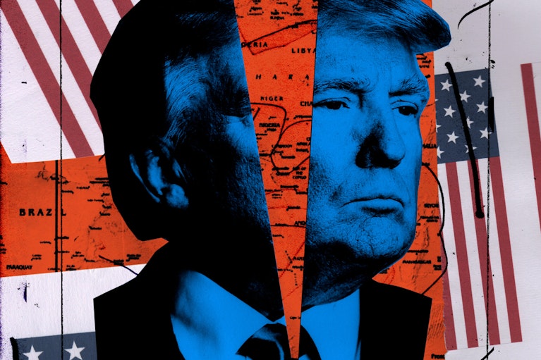 Illustration by Mia Angioy of Donald Trump's head split in half, with American flags scattered around him, for "The Crosscurrents Of A Revisionist Superpower" by Nathan Gardels.