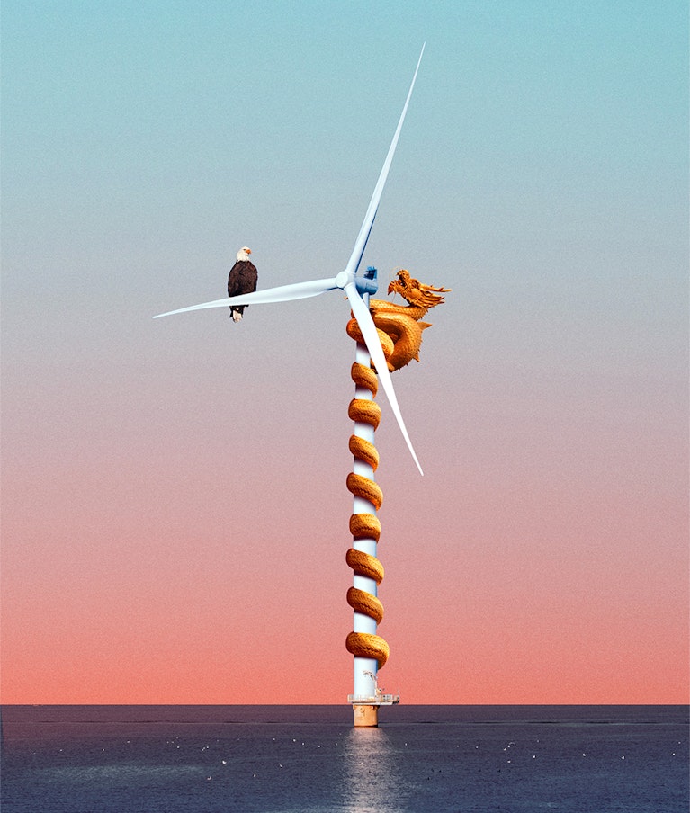 An illustration by Nicolas Ortega for Noema Magazine's article "Trump’s Climate Denial Is A Gift To China (Who’s Ready To Receive It)" by Genevieve Guenther