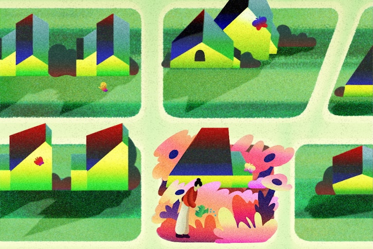 An illustration showing suburban houses, most of which have green grass lawns, except one is vibrant with flowers and wildlife.