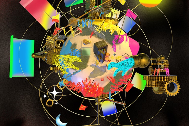 an illustration by Jon Han showing a globe with encircling networks and hands grabbing resources.