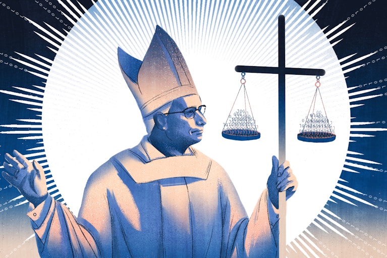 Illustration of Pope Leo XIV holding a cross with 0s and 1s on it, by Christina S. Zhu for Noema Magazine.