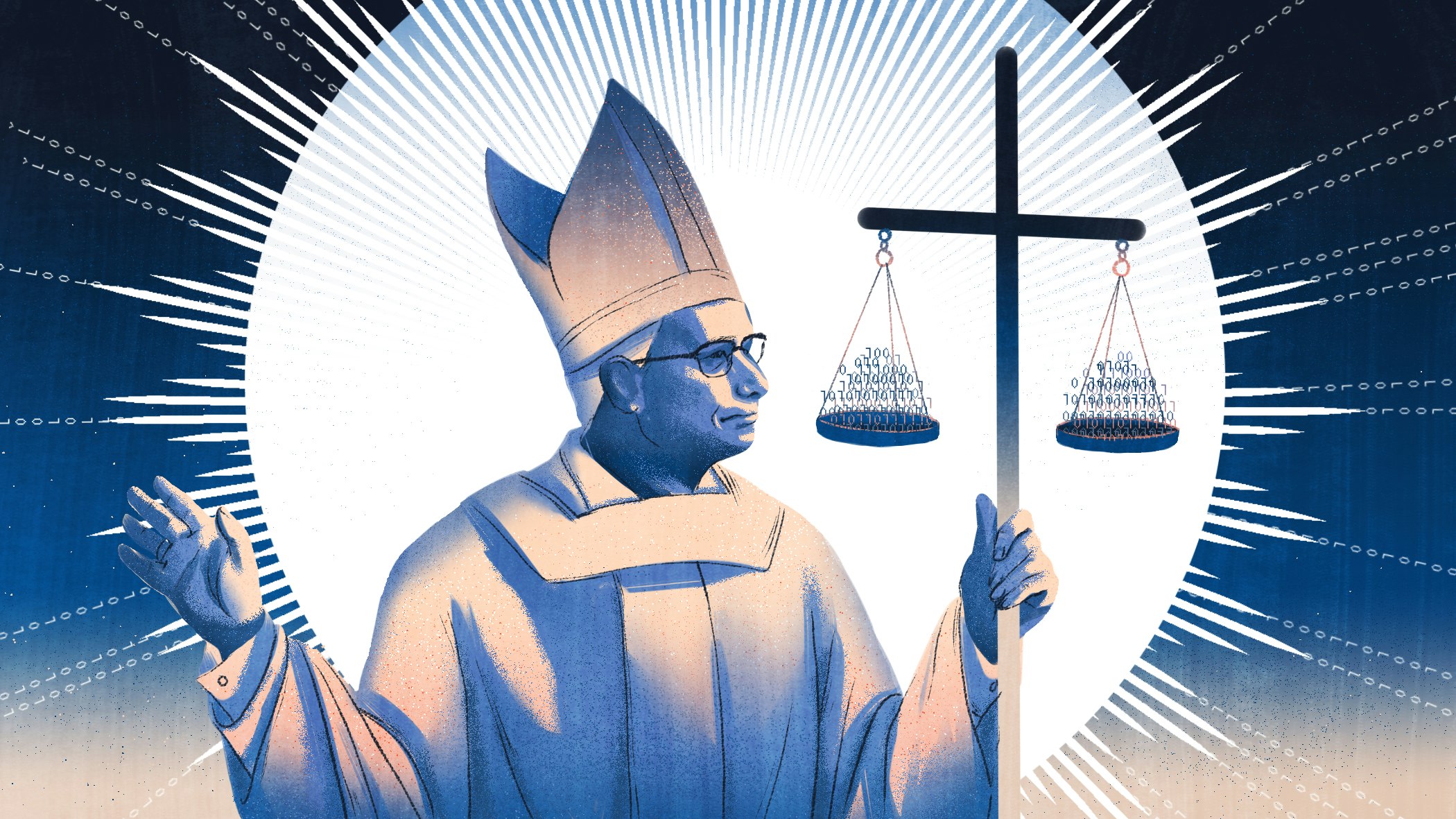 Illustration of Pope Leo XIV holding a cross with 0s and 1s on it, by Christina S. Zhu for Noema Magazine.