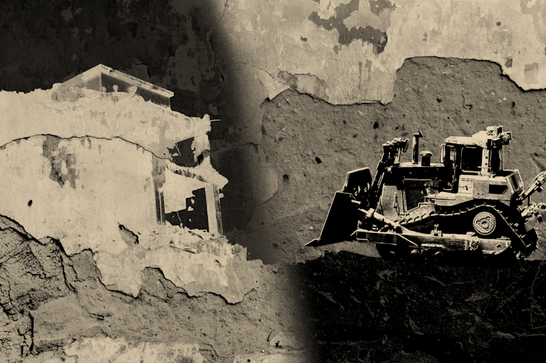 An illustration of a crumbling building and a bulldozer
